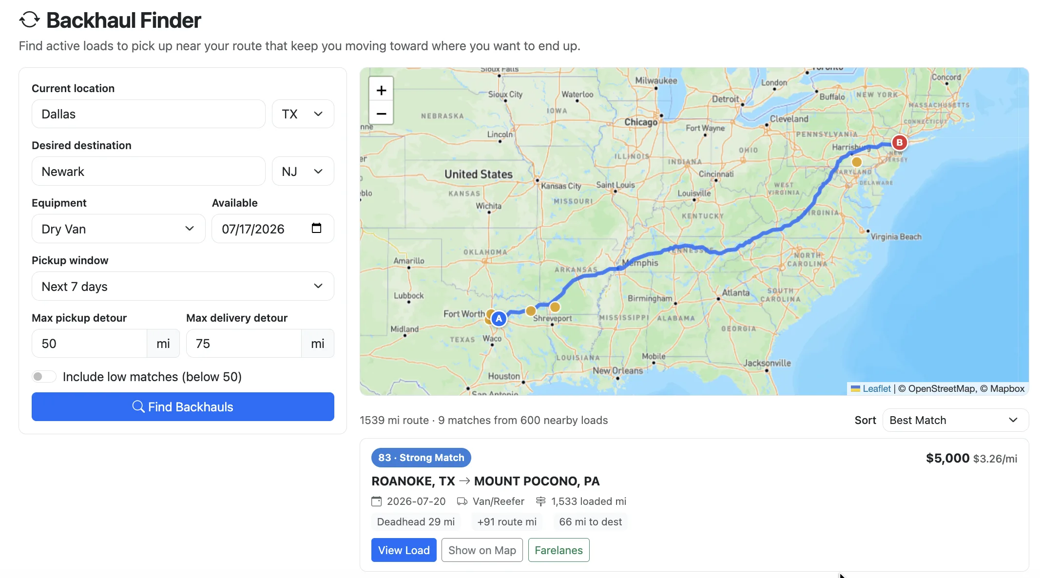 Backhaul Finder with search fields for current location, destination, equipment, and pickup window beside a route map and ranked matching loads scored by fit.