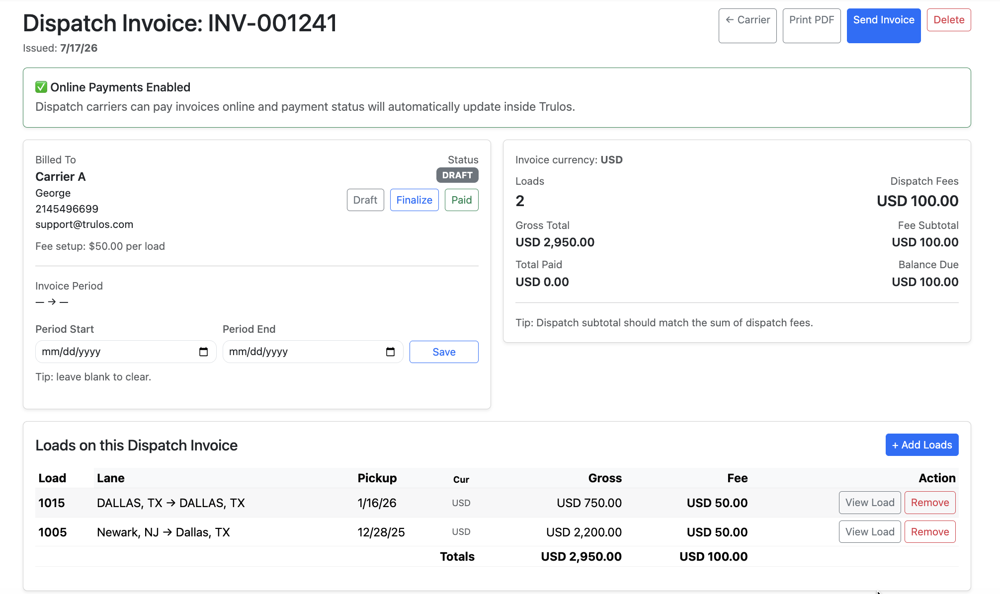 Trulos dispatch invoice with loads, fees, and balance due.