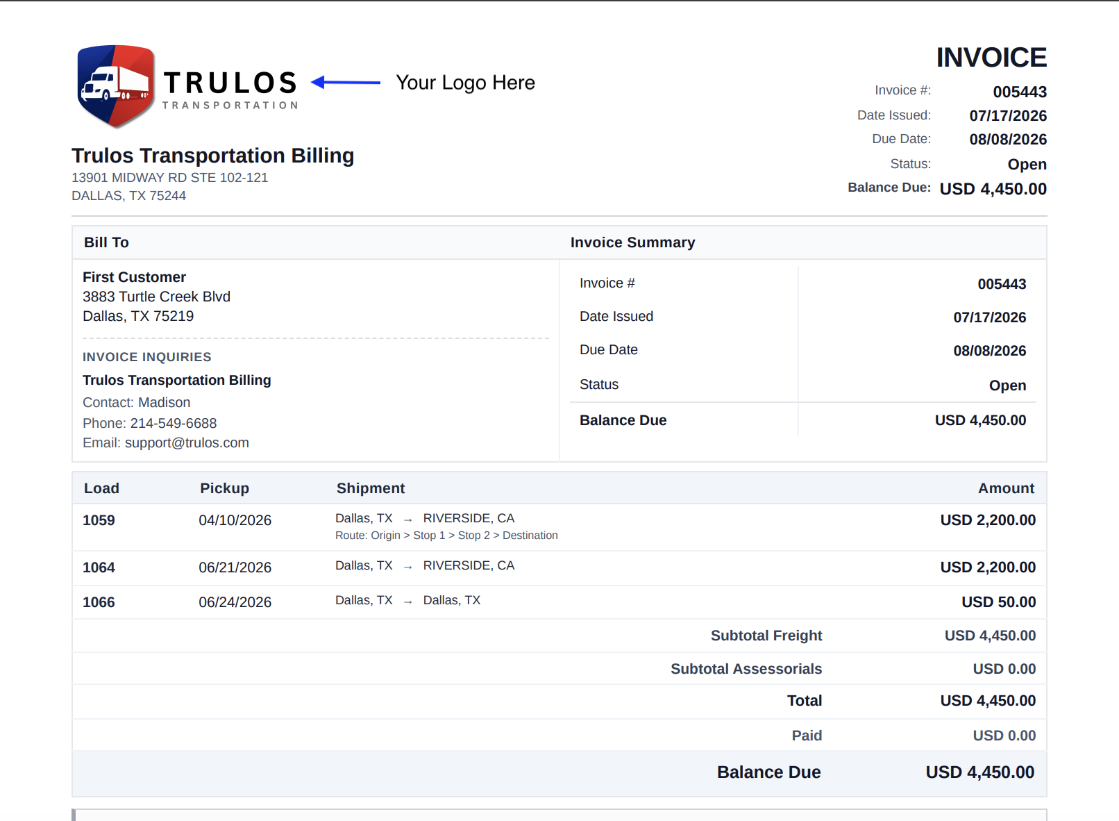 Trulos Dispatch customer invoice and payment screen