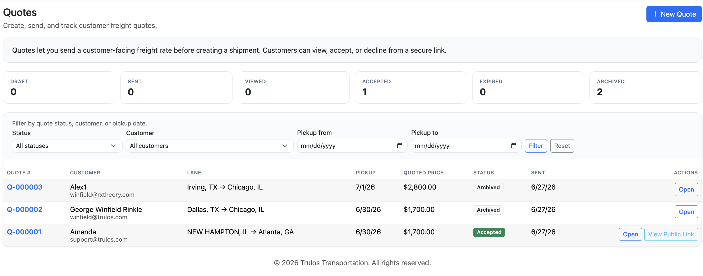 Trulos Quotes screen listing customer freight quotes with status and pricing.